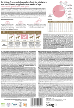 Tył opakowania liofilizowanej karmy Dr Malou dla szczeniąt, kaczka z mlekiem kozim. Biała etykieta z diagramami.