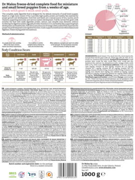 Tył opakowania karmy Dr Malou dla szczeniąt ras małych, kaczka z mlekiem kozim, tabele i skład.