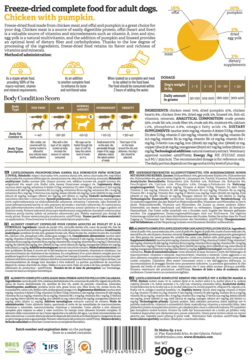 Tył opakowania karmy dla psa Dr Malou Kurczak z dynią 500g, ze szczegółowym składem i tabelami wartości odżywczych.