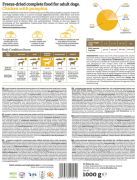 Tył opakowania karmy liofilizowanej Dr Malou Kurczak z dynią dla dorosłych psów 1000g, etykiety, składniki.
