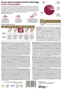 Przód i tył opakowania liofilizowanej karmy dla psów Dr Malou Kaczka z dynią 500g, białe z grafikami.