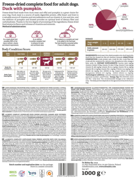 Tył opakowania liofilizowanej karmy Dr Malou Kaczka z dynią dla psów dorosłych, z informacjami o składzie i dawkowaniu, 1000g.