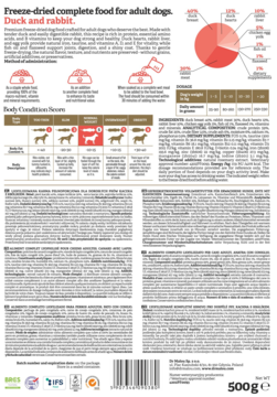 Liofilizowana karma Dr Malou Kaczka z królikiem, biało-czerwone opakowanie, widok przodu i tyłu, skład, tabela.