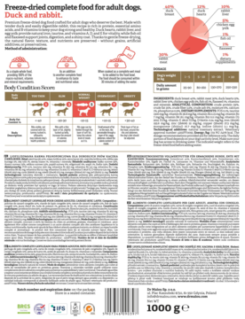 Tył opakowania karmy Dr Malou Kaczka z królikiem, 1000g, liofilizowana dla psów, z tabelą żywienia i certyfikatami.