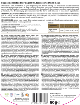 Opakowanie przysmaków Dr Malou z liofilizowanego tuńczyka 50g, z małym zdjęciem mięsa, widok z przodu.