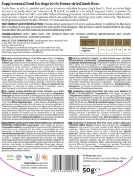 Tył opakowania Dr Malou liofilizowanych przysmaków z wątroby jagnięcej, widoczny tekst, logo, certyfikaty.