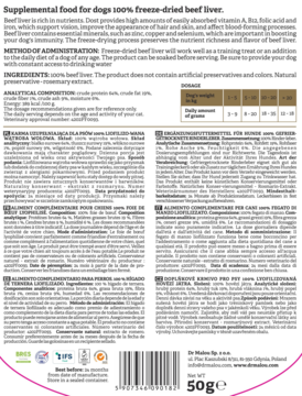 Tył opakowania karmy Dr Malou: liofilizowana wątroba wołowa dla psów 50g, z opisem i składem produktu.