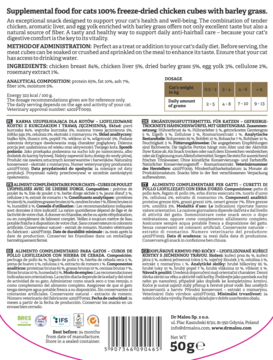 Tył opakowania Dr Malou liofilizowanych kostek kurczaka z trawą jęczmienną dla kota 50g, wielojęzyczny tekst.