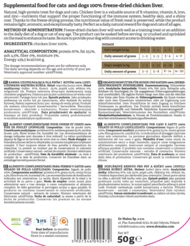 Tył opakowania karmy uzupełniającej Dr Malou: liofilizowana wątroba kurczaka 50g, opis w wielu językach.