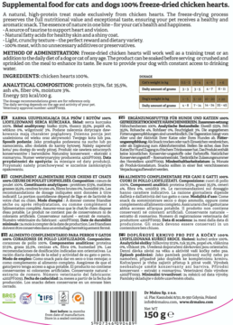 Tył opakowania karmy uzupełniającej dla psów i kotów Dr Malou, serca kurczaka liofilizowane, z tabelą dawkowania.