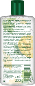 Tył białej butelki szamponu CHANTAL Odżywczy z mango i pietruszką, 300g, z opisem i składem.