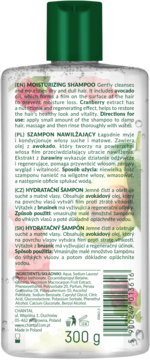 Tył butelki szamponu nawilżającego Sessio Hair Vege Cocktail Awokado Żurawina 300g, z widocznym składem i opisem.