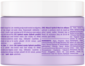 Tył fioletowej maski lipidowej Sessio HERY by BERRY z ekstraktem z borówki, widoczne instrukcje i skład.