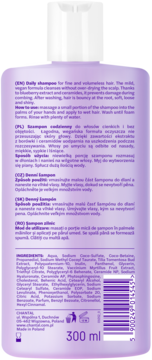 Tył fioletowego szamponu do włosów cienkich. Widać opis, składniki (borówka, ceramidy) i 300 ml.