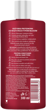 Tył bordowej butelki odżywki proteinowej 300 ml z opisem działania, listą składników i kodem kreskowym.