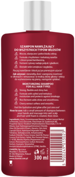 Tył bordowej butelki szamponu nawilżającego Sessio, instrukcje użycia, skład (ryż, wiśnia), kod EAN.