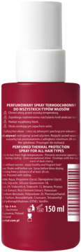 Tył czerwonej butelki perfumowanego sprayu termoochronnego do włosów Sessio Cherry Lady 150ml.