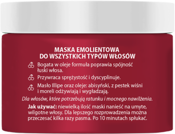 Tył słoika maski emolientowej do wszystkich typów włosów, czerwony z białym wieczkiem, widoczny tekst po polsku.