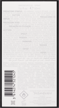 Tył czarnego opakowania perfum YSL 50ml z białym tekstem, kodem kreskowym, listą składników i ostrzeżeniami.