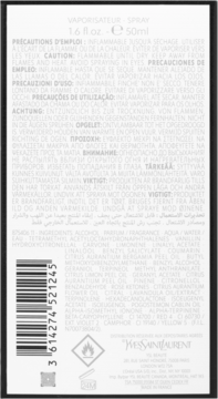 Tył czarno-białego opakowania wody perfumowanej YSL Libre, z tekstem, składem INCI i kodem kreskowym.