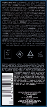 Tył ciemnoniebieskiego opakowania perfum Yves Saint Laurent, z ostrzeżeniami, składnikami i kodem kreskowym.