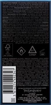 Tył ciemnoniebieskiego opakowania perfum Yves Saint Laurent z białymi napisami, ostrzeżeniami i składem.