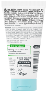 Tył białej tubki Alterra Hydro Clean kremu peelingującego z aloesem i kwasem hialuronowym, widoczny opis i skład.