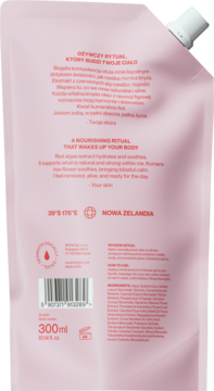 Tył różowej saszetki żelu Love z tekstem o nawilżaniu, składnikami aktywnymi i kodem kreskowym, 300ml.