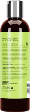 Terapia Energetyzująca Żel pod Prysznic 250ml. Widok z tyłu brązowej butelki z zieloną etykietą i składem.