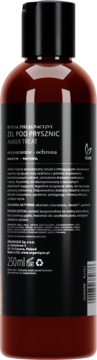Tył brązowej butelki żelu pod prysznic Amber Treat 250ml. Czarna etykieta z opisem składników i działania nawilżającego.