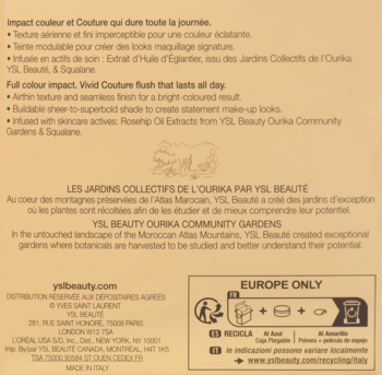 Tył beżowego opakowania kosmetyku YSL Beauty: opis produktu po francusku/angielsku, adresy, symbole recyklingu.