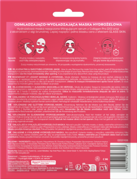 Tył różowego opakowania hydrożelowej maski odmładzająco-wygładzającej z instrukcjami, widoczny barcode.