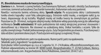 Tył opakowania maski bio-celulozowej Madforcos, ciemne tło, biały tekst z opisem, składem i instrukcją użycia.