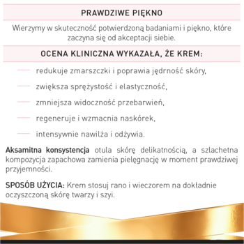 Ulotka kremu FORTE 70+ z klinicznymi wynikami: redukcja zmarszczek, jędrność, elastyczność. Białe tło, złota wstążka.