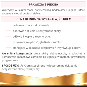 Ulotka kremu FORTE 80+, redukcja zmarszczek i poprawa elastyczności skóry. Białe tło, różowy nagłówek, złoty dół.