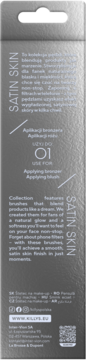 Silver back of KILYS SATIN SKIN makeup brush package, for bronzer & blush, product details.