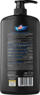 Tył czarnej butelki żelu pod prysznic 3w1 Blue Sensation 1000ml, widoczny skład i kod kreskowy.