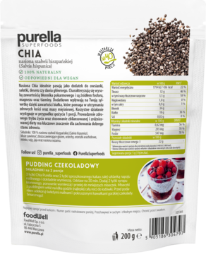 Tył białej torebki Purella Superfoods Nasiona Chia z zielonymi akcentami, wartościami odżywczymi i przepisem.