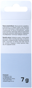 Tył opakowania kleju Neess do paznokci 7g, biało-niebieskie, z instrukcją użycia i danymi producenta.