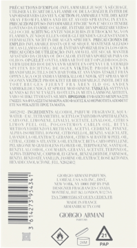 Biały tył opakowania perfum Giorgio Armani Acqua Di Giò z tekstem, instrukcjami i kodem kreskowym.