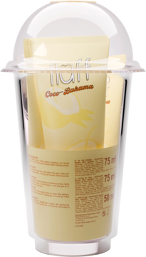 Zestaw Nuff Coco-Banana w żółtych tubkach (75ml, 50ml), zapakowany w przezroczysty, kubkowaty pojemnik z kopułową pokrywką.