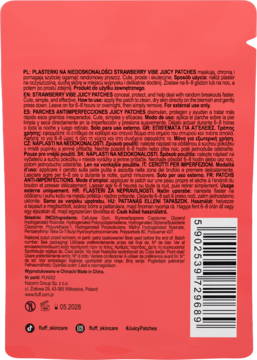 Tył różowego woreczka Strawberry Vibe Juicy Patches na niedoskonałości, widoczny tekst i kod kreskowy.