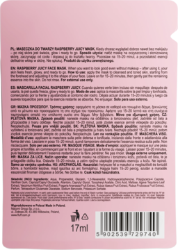 Tył różowej saszetki maseczki do twarzy RASPBERRY JUICY MASK 17ml z instrukcjami i kodem kreskowym.