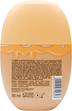 Tył owalnej mgiełki do ciała Peach & Honey Jam 50ml, brzoskwiniowa butelka z miodowym wzorem.