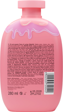 Różowy żel pod prysznic Peony & Lychee Waterfall, tył opakowania z listą składników i datą ważności 05.2028.