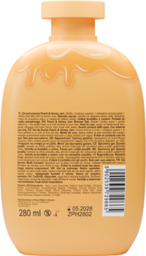 Tył brzoskwiniowego żelu pod prysznic Peach & Honey Jam 280ml, z kodem kreskowym i datą ważności 05.2028.