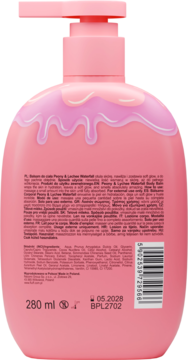 Tył różowego balsamu Peony & Lychees Waterful, 280 ml, z pompką i różowym wzorem kropli, widoczne etykiety i kod.