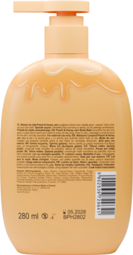 Brzoskwiniowy balsam do ciała Peach & Honey, tył butelki z pompką, widoczny tekst, kod kreskowy i data ważności.