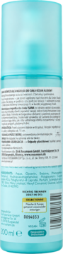 Tył jasnoniebieskiej butelki płynu micelarnego 200 ml, z polskim opisem, listą składników i napisem VEGAN.