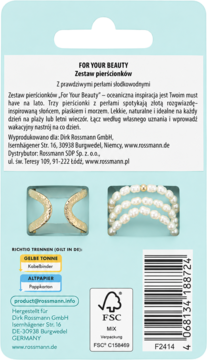 Tył jasnoniebieskiego opakowania zestawu pierścionków For Your Beauty z perłami słodkowodnymi i motywami morskimi.